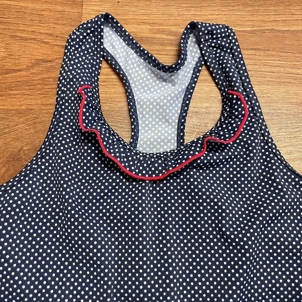 Lands End Girls Blue White Polka Dot Tankini Swim Top Size 16 Red Ruffle